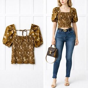 Ava & Viv Floral Smocked Puff Sleeve Blouse Brown Gold Women’s Size X